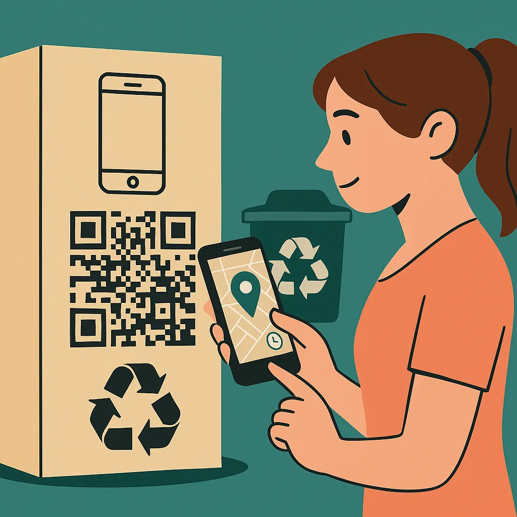 Ilustração com código QR numa caixa de equipamento e jovem a usar aplicação de GPS para encontrar ponto de reciclagem de eletrónicos.