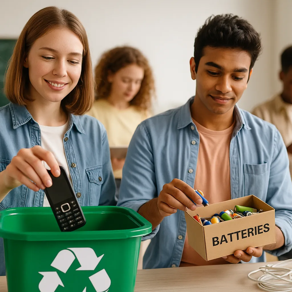 Estudantes em sala de aula participam numa campanha de reciclagem de REEE, colocando telemóveis e pilhas usadas em contentores de recolha apropriados.
