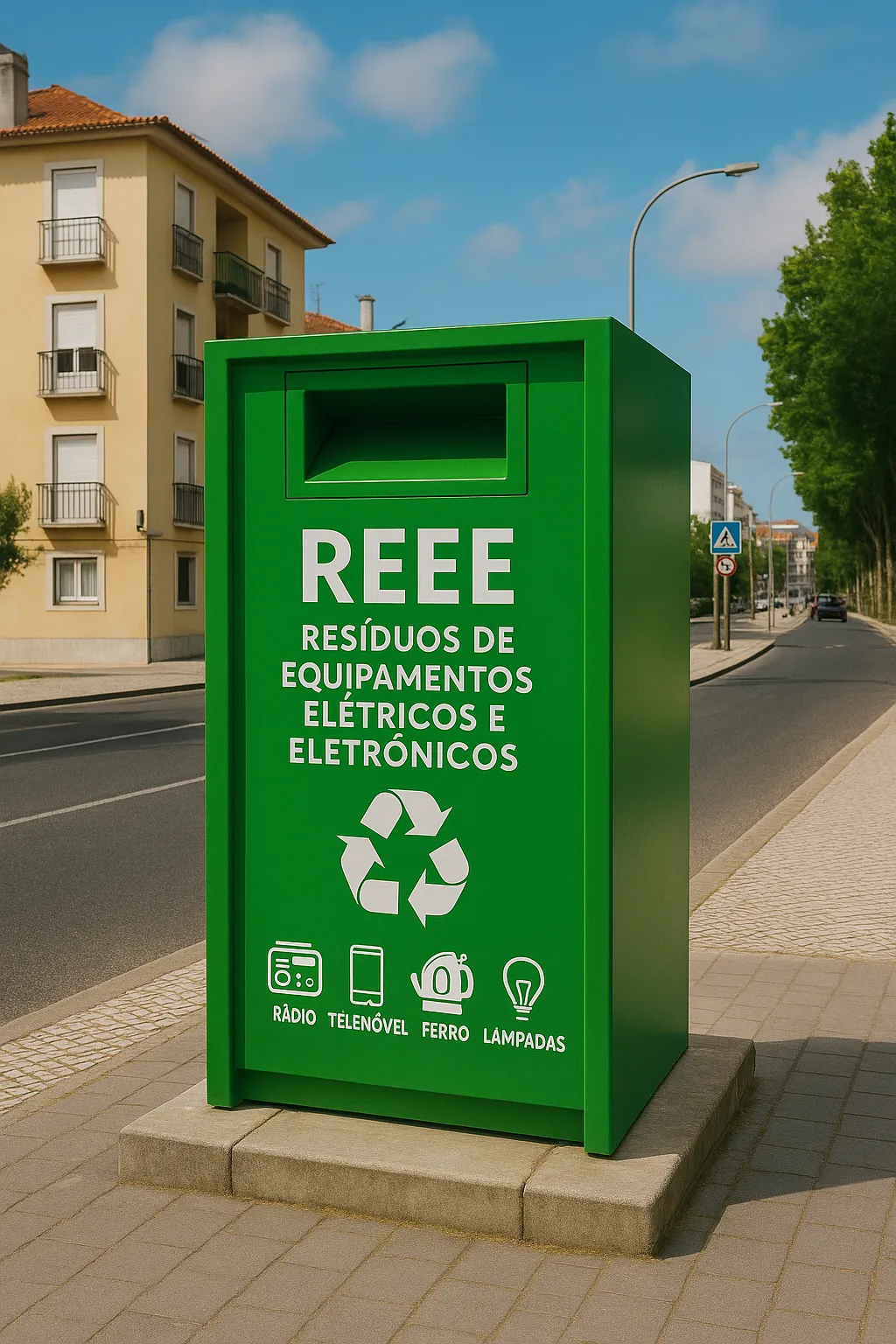 Ponto verde de recolha de REEE em calçada urbana portuguesa, com ícones para rádio, telemóvel, ferro e lâmpadas ao lado de edifícios residenciais.